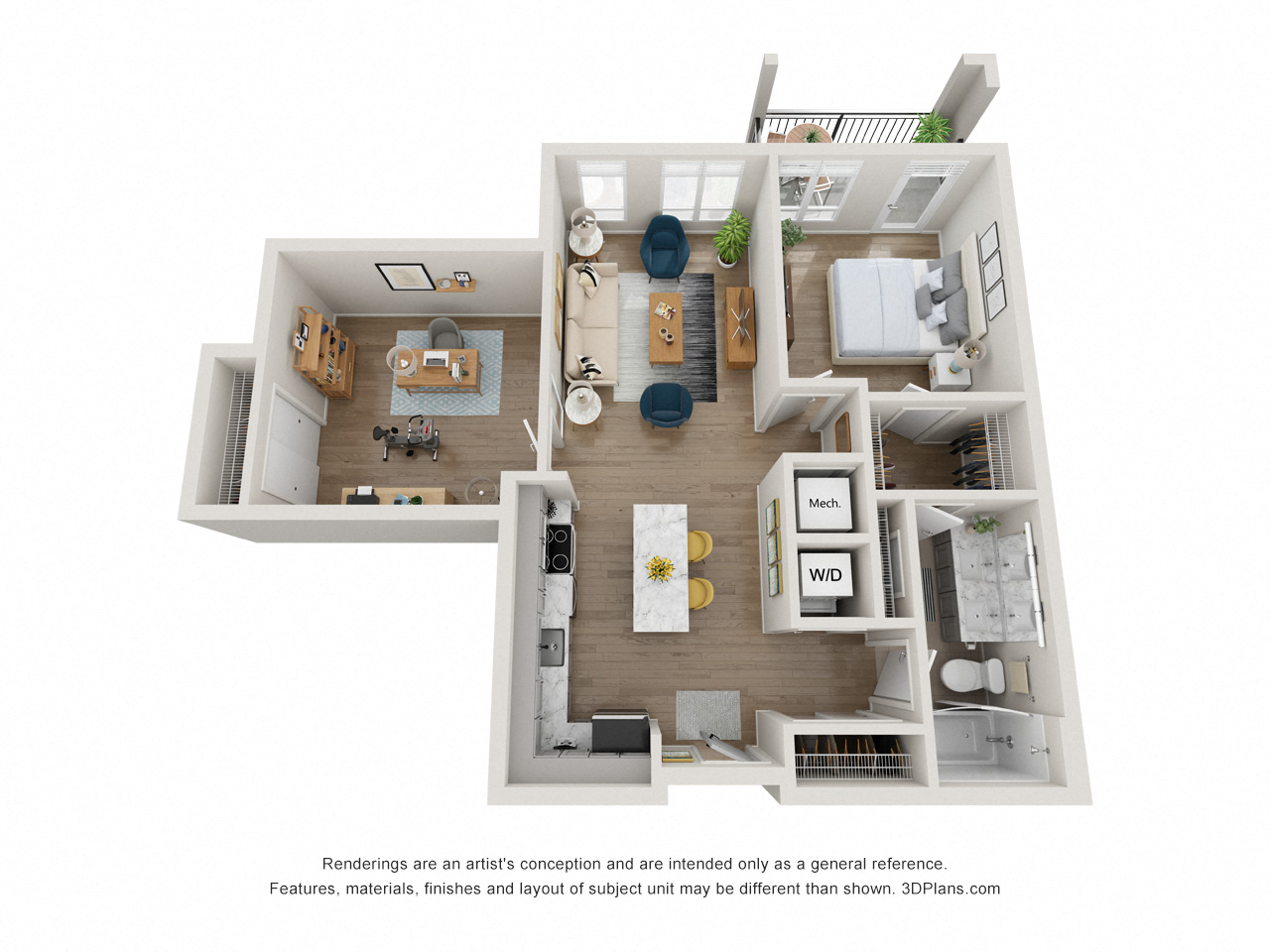 Floor plan for 1 bed, 1 bath, 847 sqft